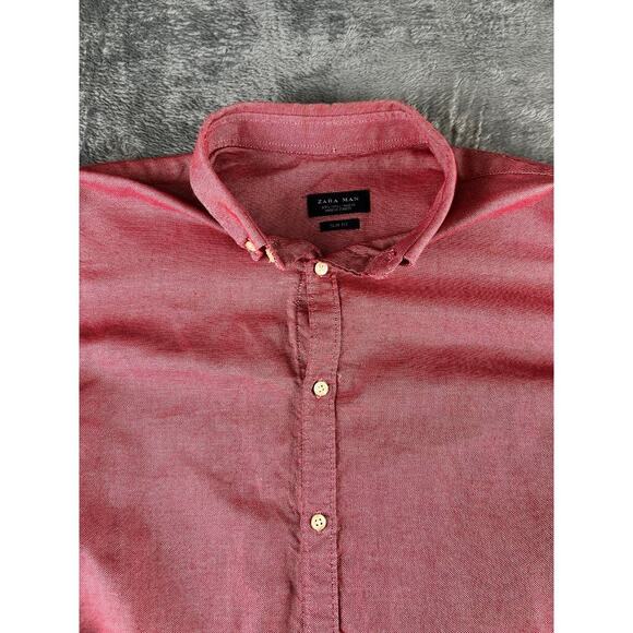 Zara Man Slim Fit Red Button Down Shirt Navy Elbow Patches Size L  * - Picture 4 of 9